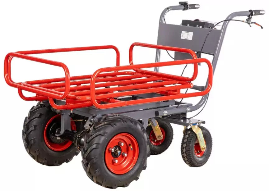 Brouette électrique 4 roues à châssis tubulaire extensible et amovible + benne plastique 300L 300KG - batterie 40V / 6Ah Torros