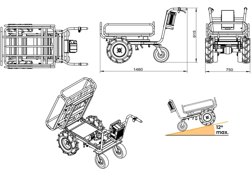 Brouette électrique 4 roues à châssis tubulaire extensible et amovible + benne plastique 300L 300KG - batterie 40V / 6Ah Torros