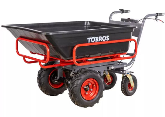 Brouette électrique 4 roues à châssis tubulaire extensible et amovible + benne plastique 300L 300KG - batterie 40V / 6Ah Torros